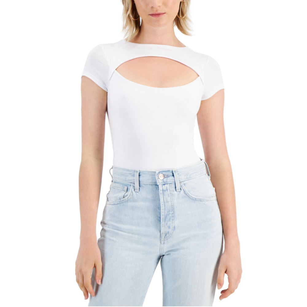 Just Polly Women's Extra Small White Knit Cutout Short Sleeve Thong Bodysuit NWT